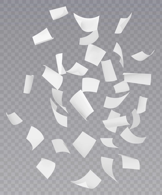 Chaotic falling flying empty white paper sheets with curved corners on transparent background realistic vector illustration