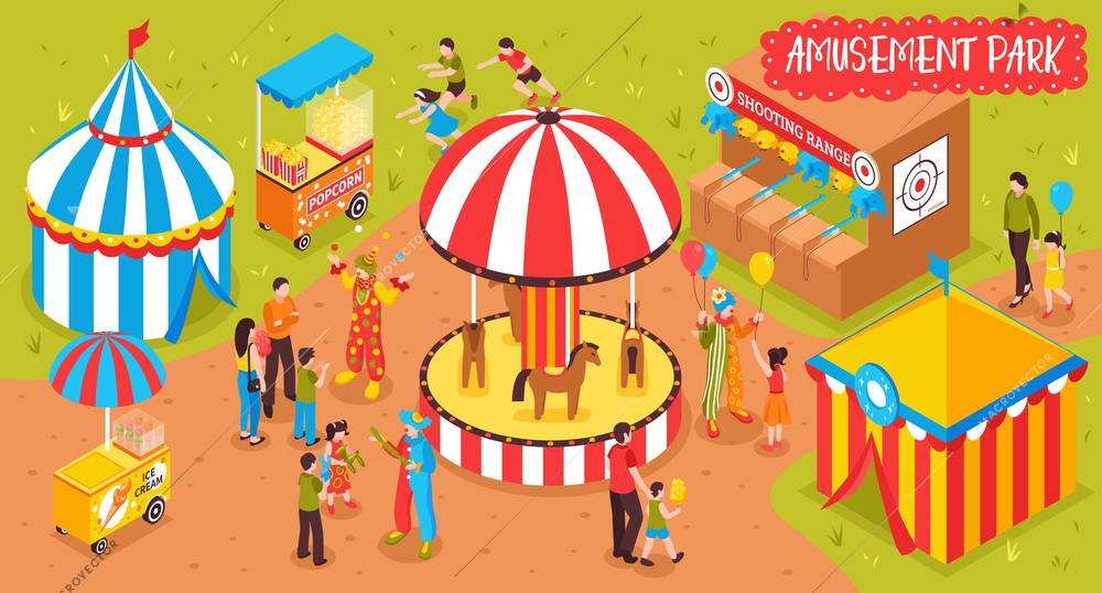 Isometric amusement park circus horizontal composition with view of entertainment park with attraction booths and people vector illustration