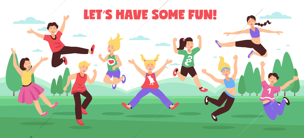 Jumping people horizontal composition with flat images of teenage kids jumping on outdoor landscape with text vector illustration