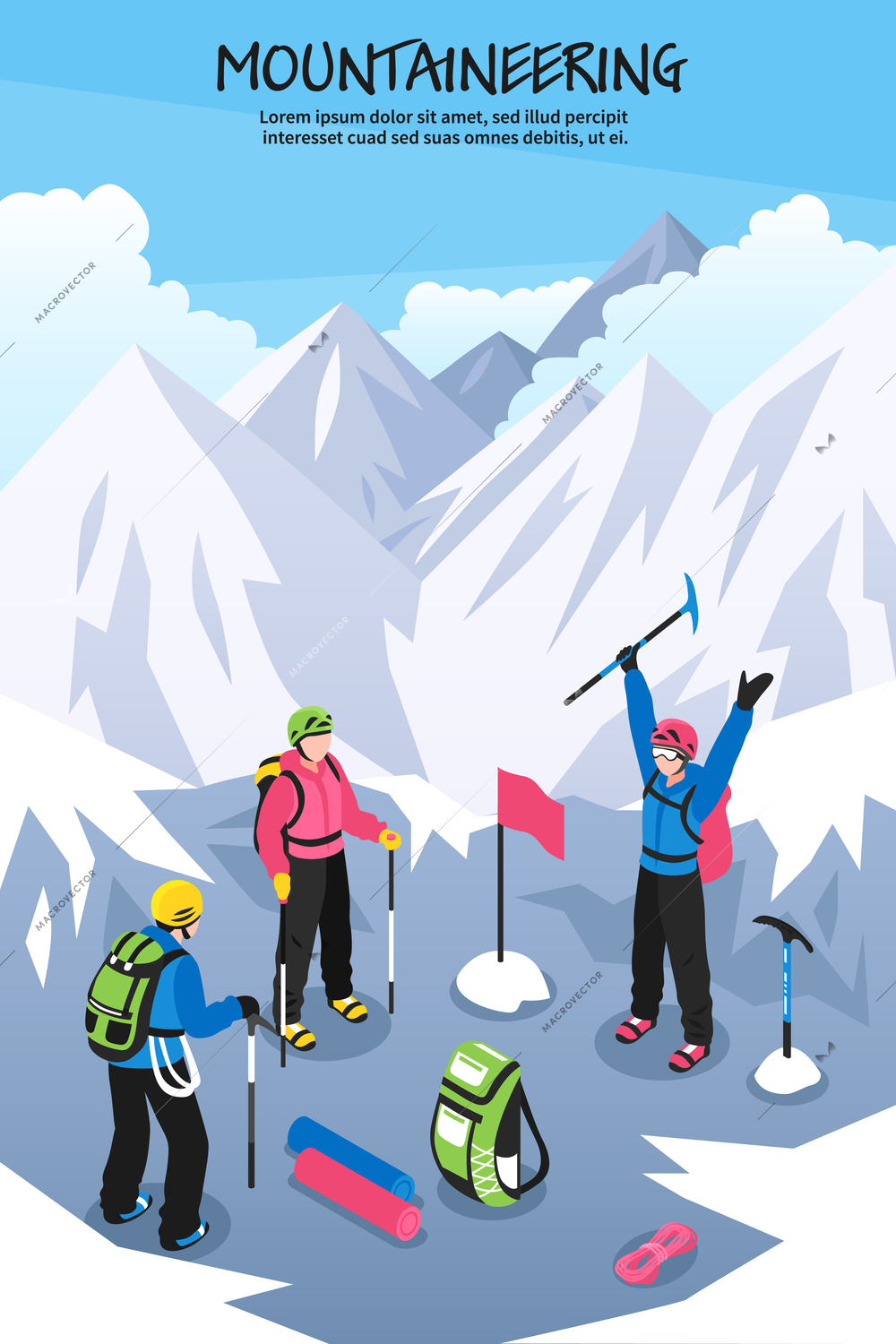 Mountaineering composition with editable text and group of climbers with equipment setting flag on mountain top vector illustration