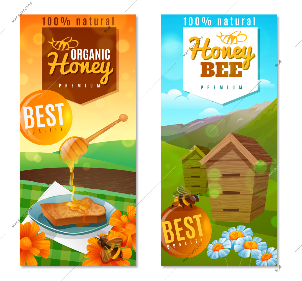 Organic honey vertical banners in paper style  with advertising of premium product isolated vector illustration