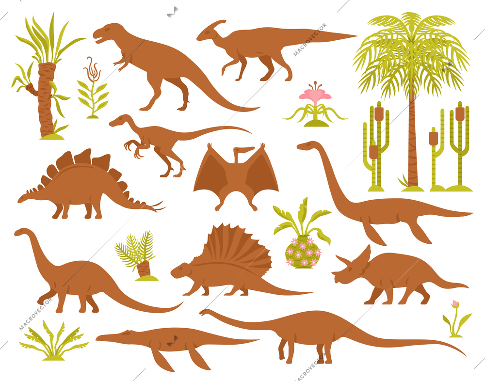 Dino mesozoic era flora set with flat isolated images of prehistoric plants and various dinosaur species vector illustration