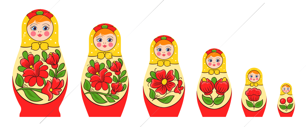 Matryoshka polhov-maidanskaya family set with flat isolated images of nesting dolls set with traditional coloring vector illustration