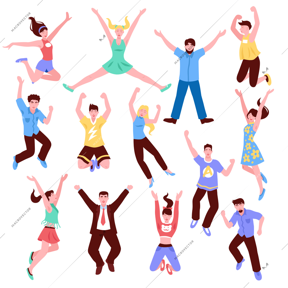 Jumping people set with isolated flat human characters of young adults in casual and smart clothes vector illustration