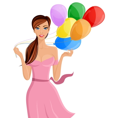 Young cheerful woman with colored balloons portrait isolated on white background vector illustration