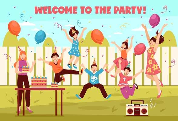 Jumping people illustration with text and outdoor backyard landscape with flat human characters of festive teenagers vector illustration