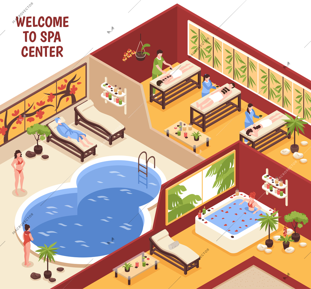 Isometric spa beauty horizontal composition with text and view of day spa with pool and people vector illustration