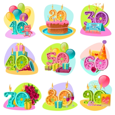 Anniversary candle numbers for birthday cake with celebration accessories and gifts retro set isolated vector illustration