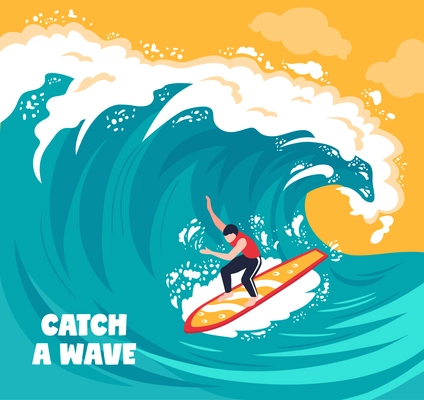 Isometric surf wave composition with text and drawn artwork sea wave with human character of surfer vector illustration