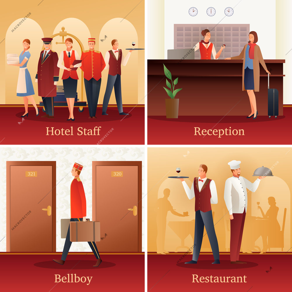 Hotel staff 4 flat gradient icons concept with with reception front desk clerk and bellboy isolated vector illustration