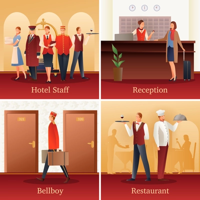 Hotel staff 4 flat gradient icons concept with with reception front desk clerk and bellboy isolated vector illustration
