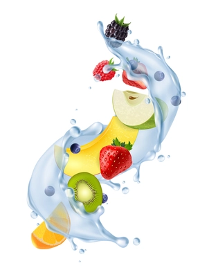 Realistic water splash in air with fresh strawberries citrus kiwi fruit segments refreshing detox drink vector illustration