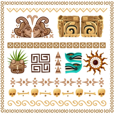 Colored cartoon set of ornaments patterns and  decorative elements on ancient mayan culture theme vector illustration