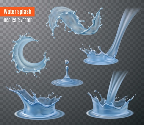 Water splash beautiful realistic images set for your designs blue on black transparent background isolated vector illustration