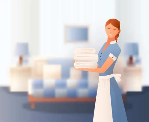 Hotel housekeeping staff at work gradient composition with  young smiling room maid holding bath towels set vector illustration