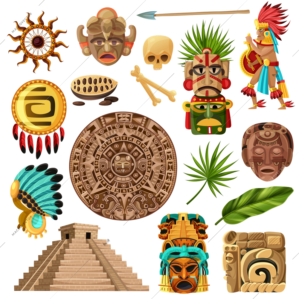Colorful mexican decorative icons et with  with symbols of traditional  mayan culture history and religion isolated cartoon vector illustration
