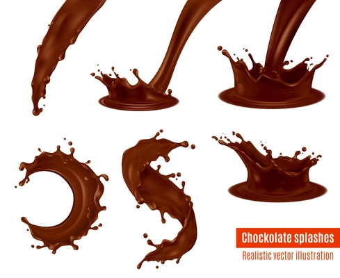 Delicious dark chocolate drink and frosting splashes realistic images set for confectionery desserts advertisement isolated vector illustration