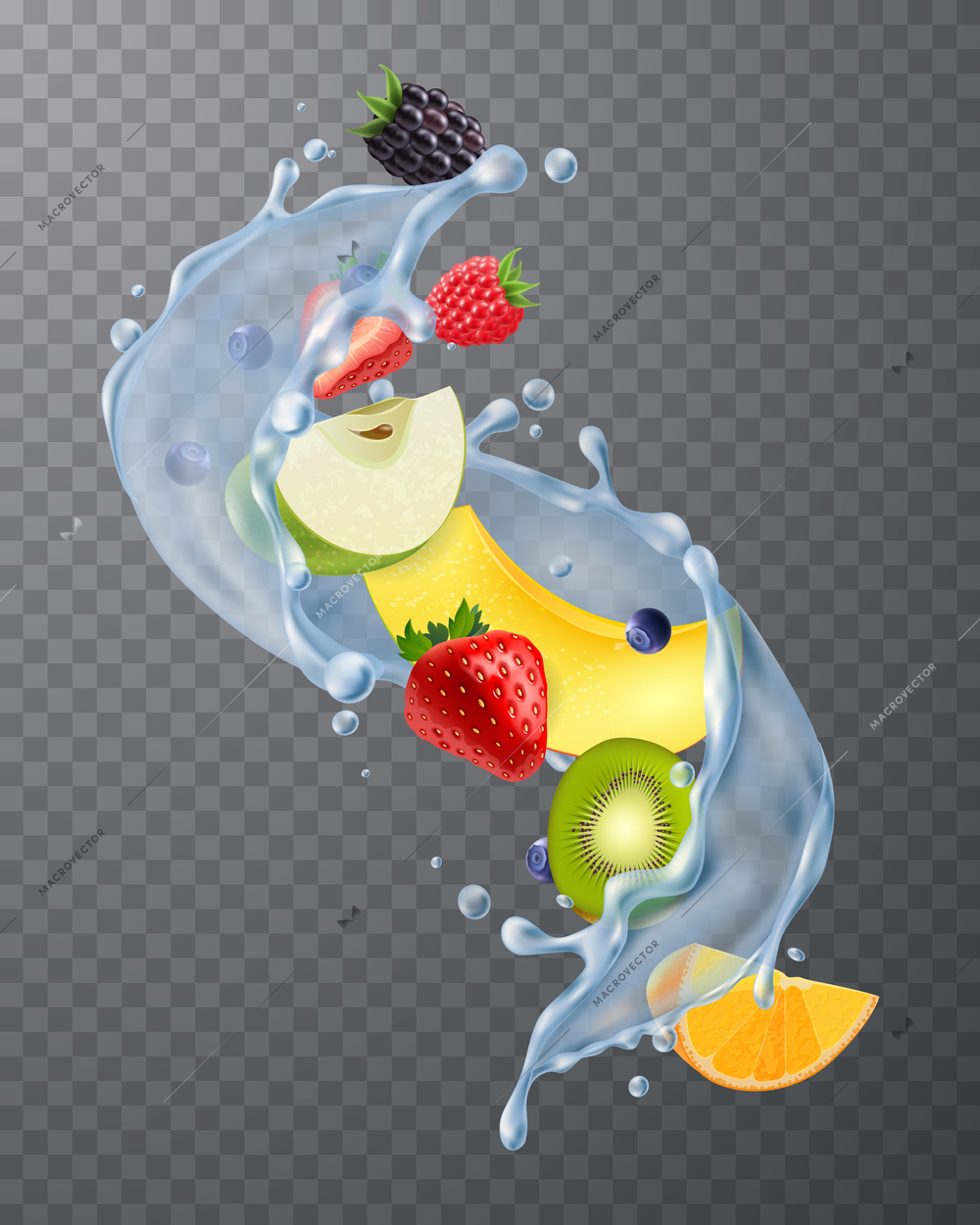 Realistic water splash with fresh strawberries blackberries melon kiwi fruit segments on dark transparent background vector illustration