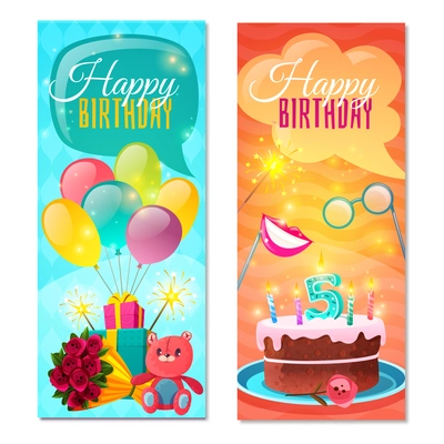 Festive vertical kid banners with happy birthday congratulations gifts and celebratory cake isolated vector illustration