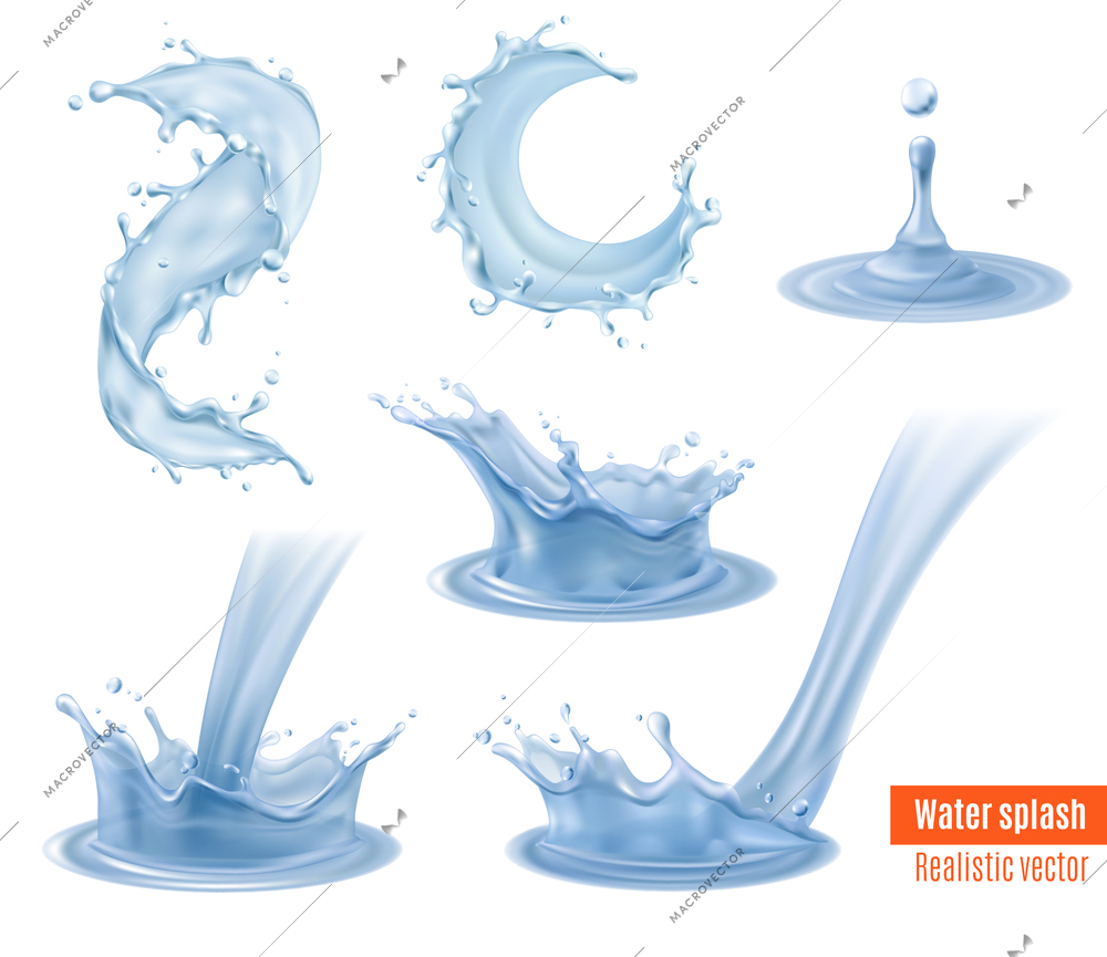 Water splash dynamic realistic images conveying movement mood beautiful elements for your designs set isolated vector illustration