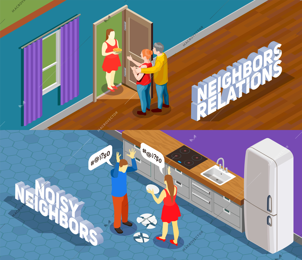 Neighbors relations horizontal isometric banners with people during good communication and persons during conflict isolated vector illustration