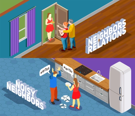 Neighbors relations horizontal isometric banners with people during good communication and persons during conflict isolated vector illustration