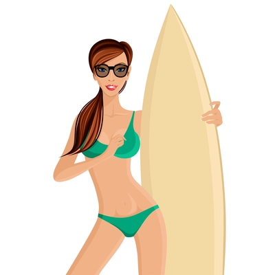 Young fit happy surfer girl in bikini with surfboard portrait isolated on white background vector illustration