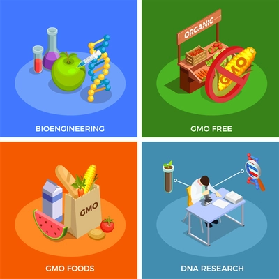 Genetically modified organisms isometric design concept with bio engineering, dna research, gmo foods isolated vector illustration