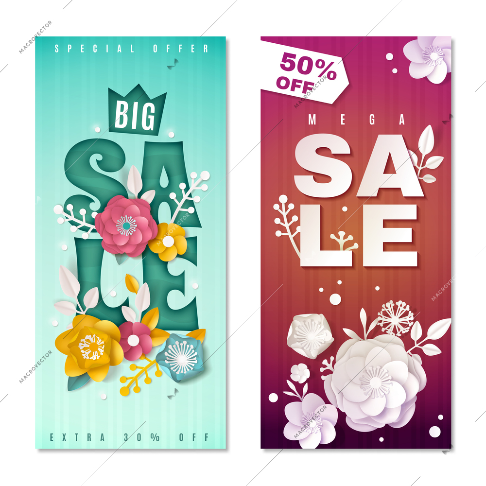 Big sale vertical banners in paper style  with white and colored flowers and percentage discount isolated vector illustration