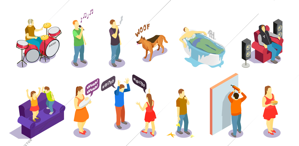 Neighbors relations isometric people during quarrel, singing, repair and sounds of drum, barking dog isolated vector illustration