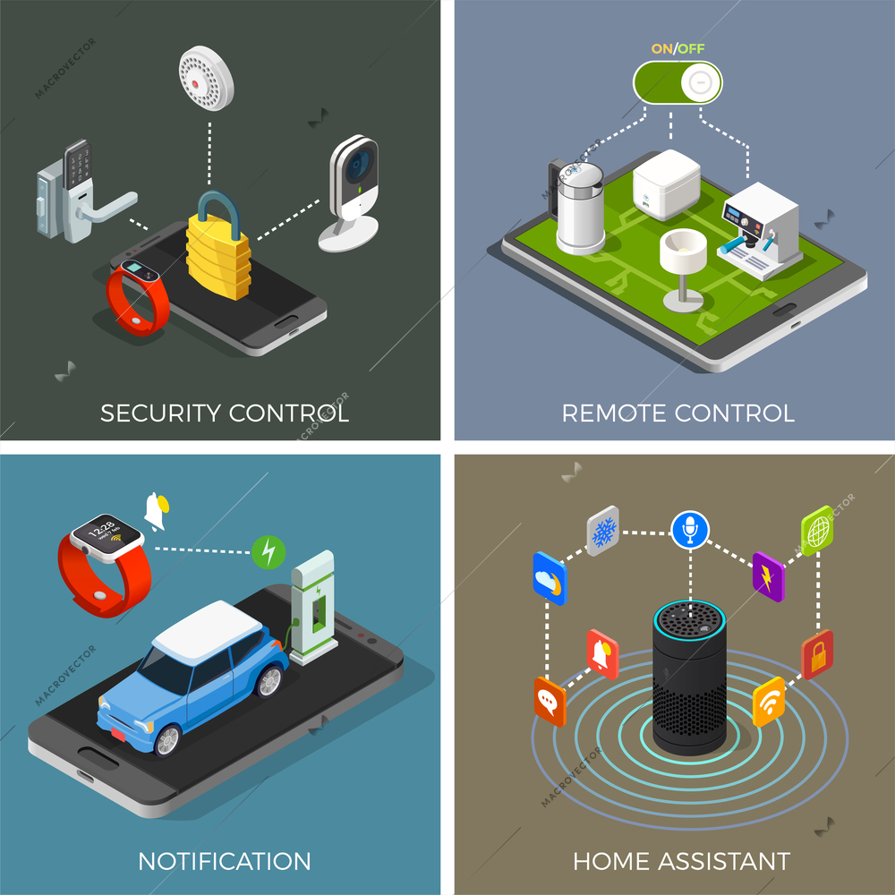 Internet of things isometric design concept with home assistant, notifications, security system, remote control isolated vector illustration