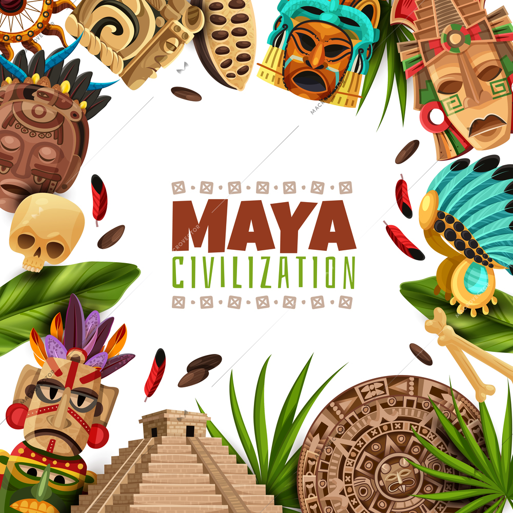 Maya civilization cartoon frame with chichen itza pyramid mayan calendar masks and accessories of ancient aztecs vector illustration