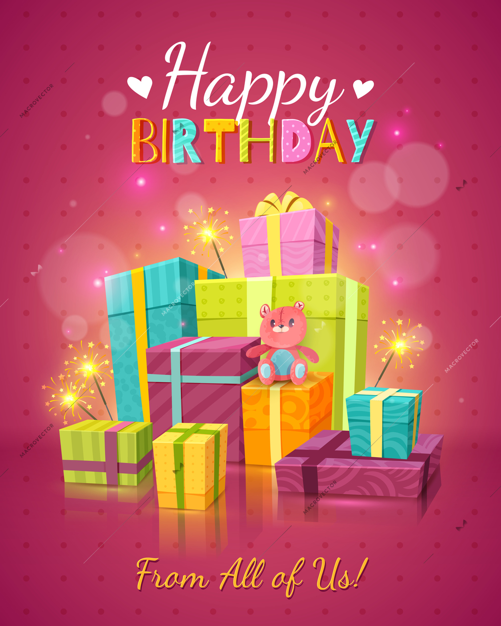 Happy birthday red background with congratulations text fireworks many gift boxes and teddy bear vector illustration