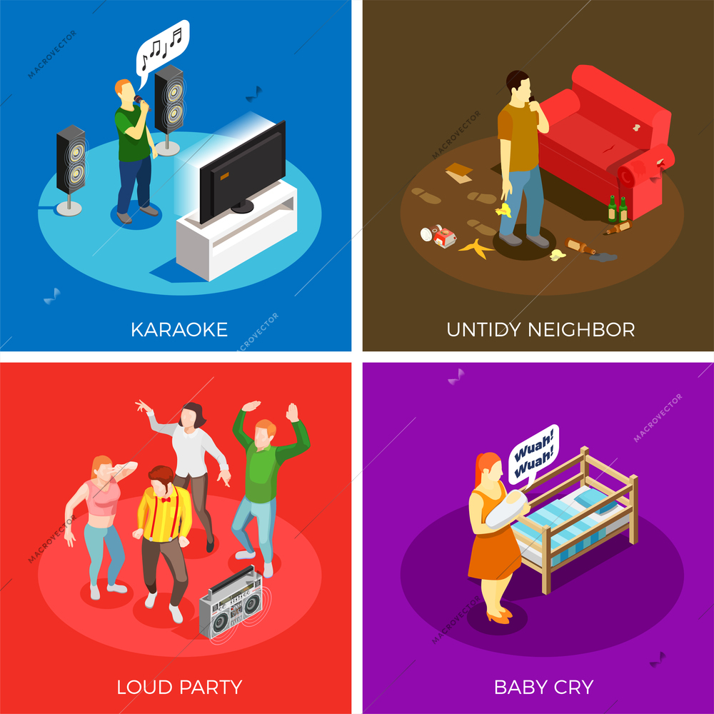 Neighbors relations isometric design concept with karaoke, untidy person, loud party, baby cry isolated vector illustration