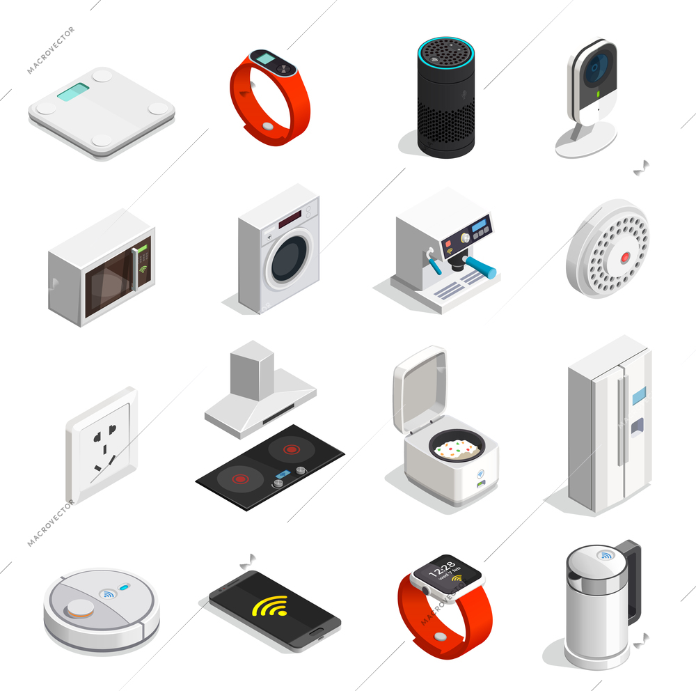 Internet of things set of isometric icons with wireless connect, mobile device, household appliances isolated vector illustration