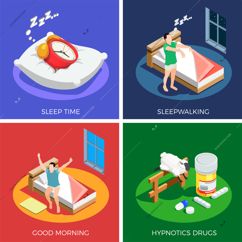 Sleep time isometric design concept with walking during dream, healthy awaking, hypnotics drugs isolated vector illustration