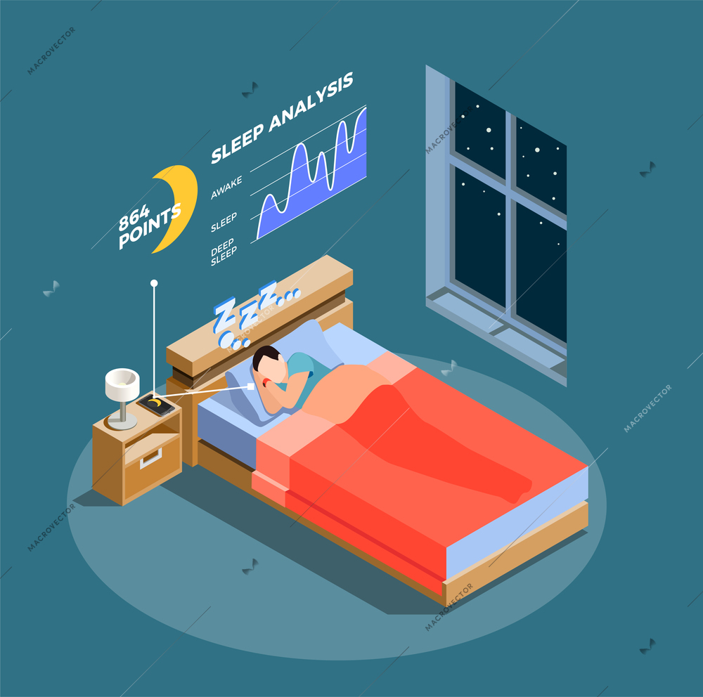 Sleep analysis isometric composition on blue grey background with chart, man during night dream vector illustration