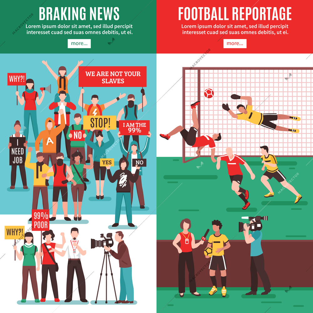 Set of vertical banners with breaking news about protest action and football reportage isolated vector illustration