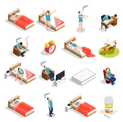 Healthy sleep and disorders isometric icons set with insomnia, dream during trip, counting sheep isolated vector illustration