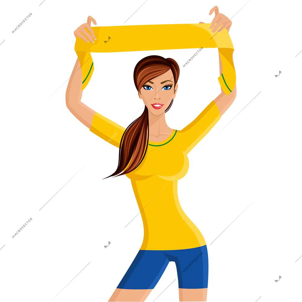 Young fit happy girl soccer football fan with scarf portrait isolated on white background vector illustration