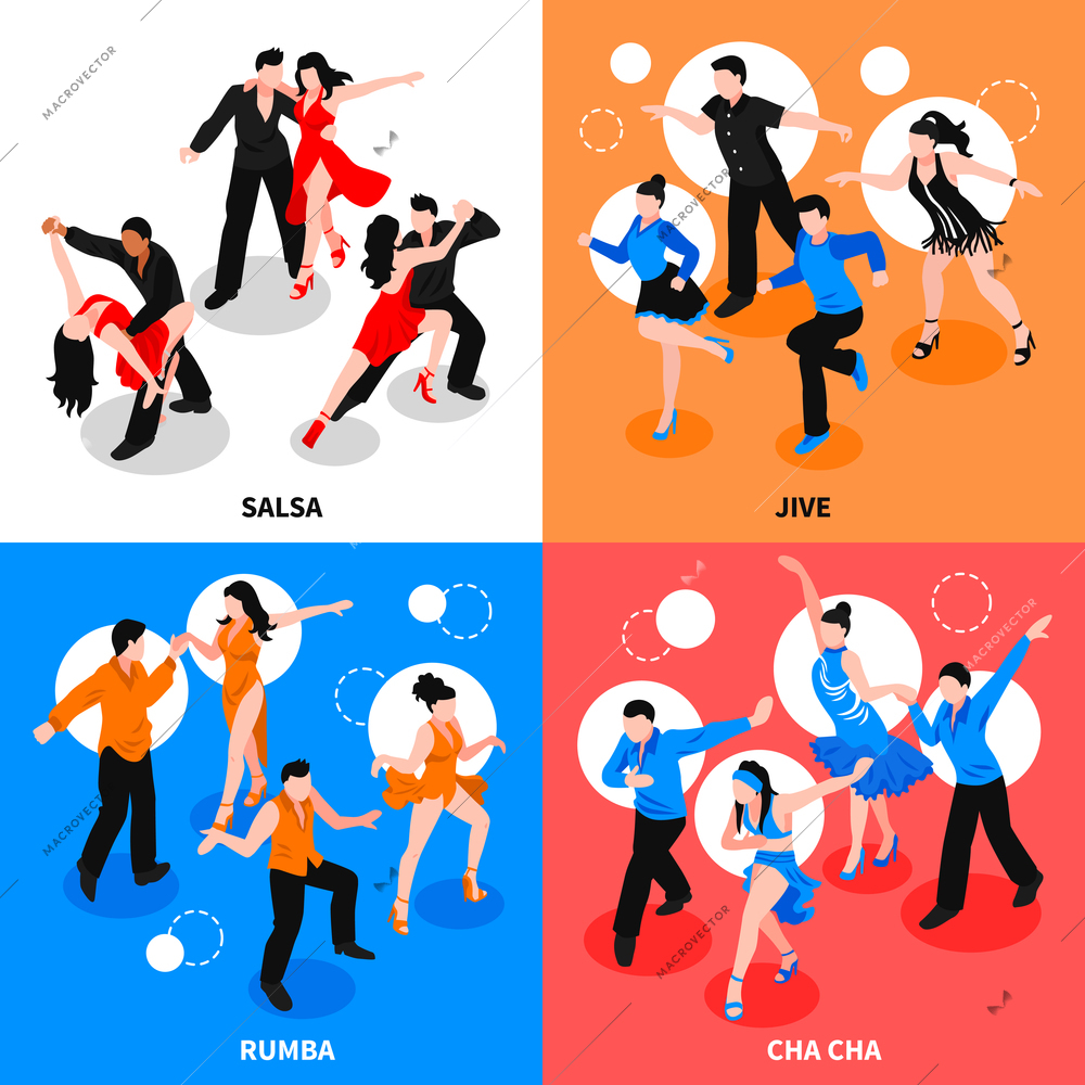 Dance with partner design concept with isometric people during salsa, jive, rumba, cha-cha isolated vector illustration