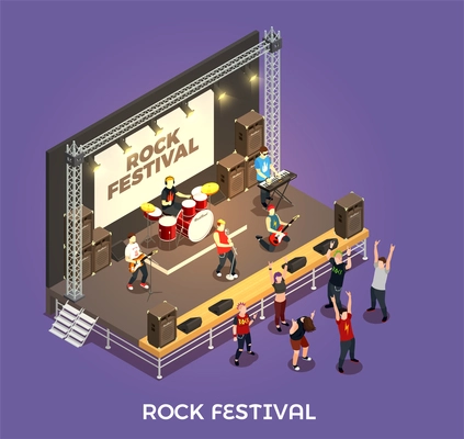 Rock festival isometric composition on purple background with musicians on stage, concert equipment, admirers vector illustration