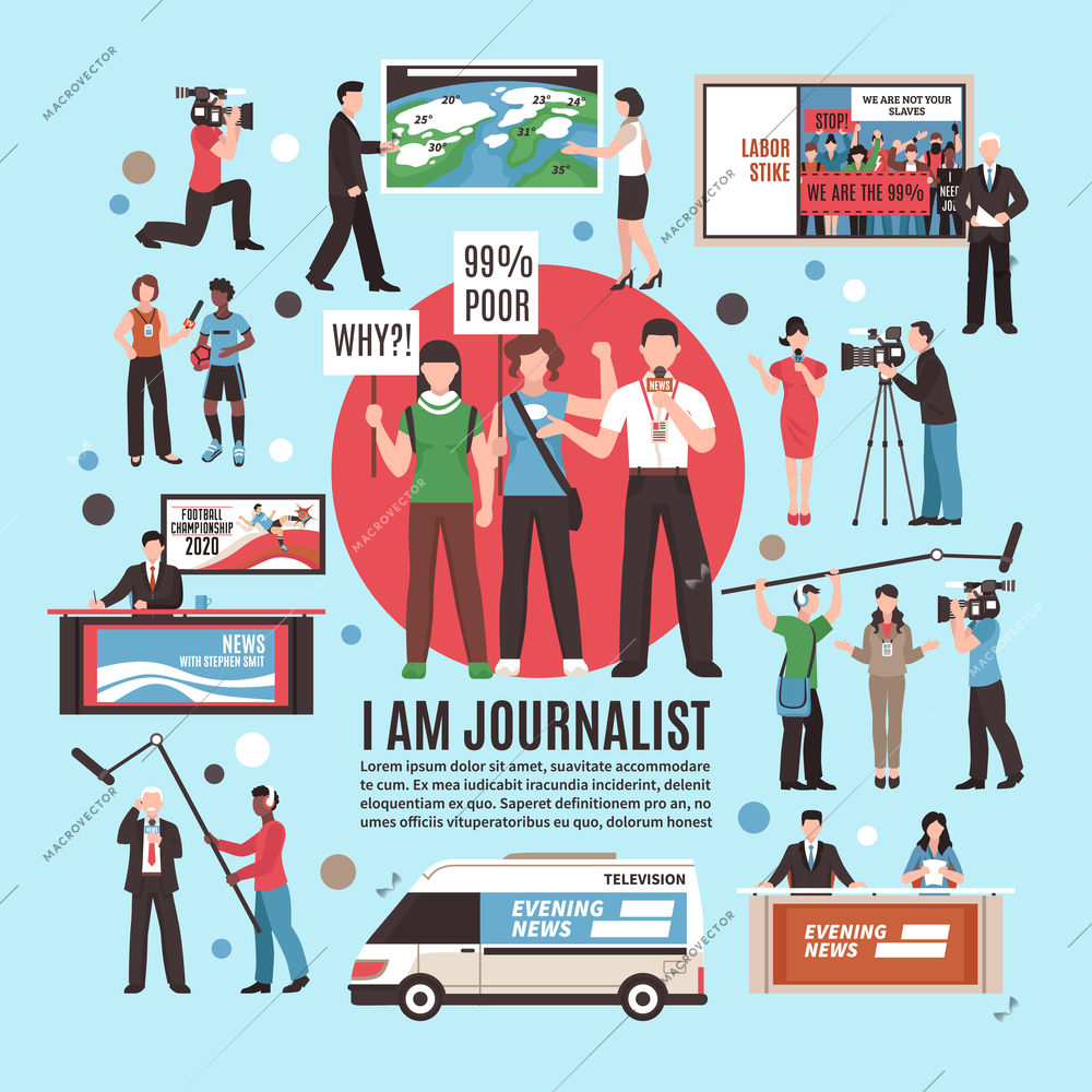 Journalist profession composition on blue background with live reportage, tv news program, weather forecast, interview vector illustration