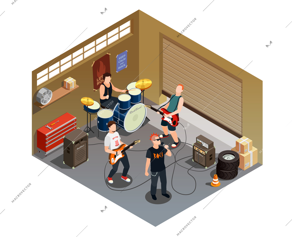 Garage band isometric composition with rock musicians and instruments including singer with microphone, drummer, guitarists vector illustration