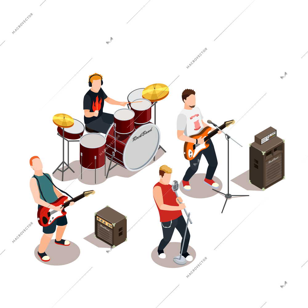 Rock band with musical instruments, concert equipment during performance isometric composition on white background vector illustration