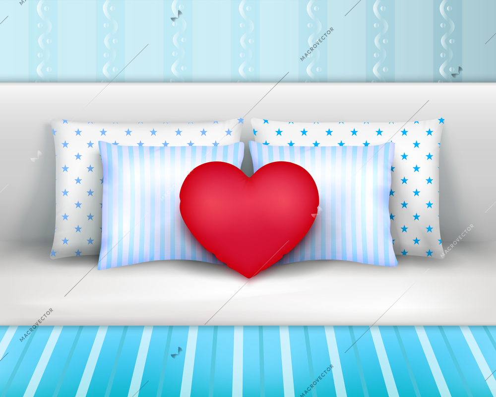 Pillows set on bed by headboard realistic composition with striped bedlinnen and heart shaped cushion vector illustration