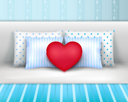 Pillows set on bed by headboard realistic composition with striped bedlinnen and heart shaped cushion vector illustration