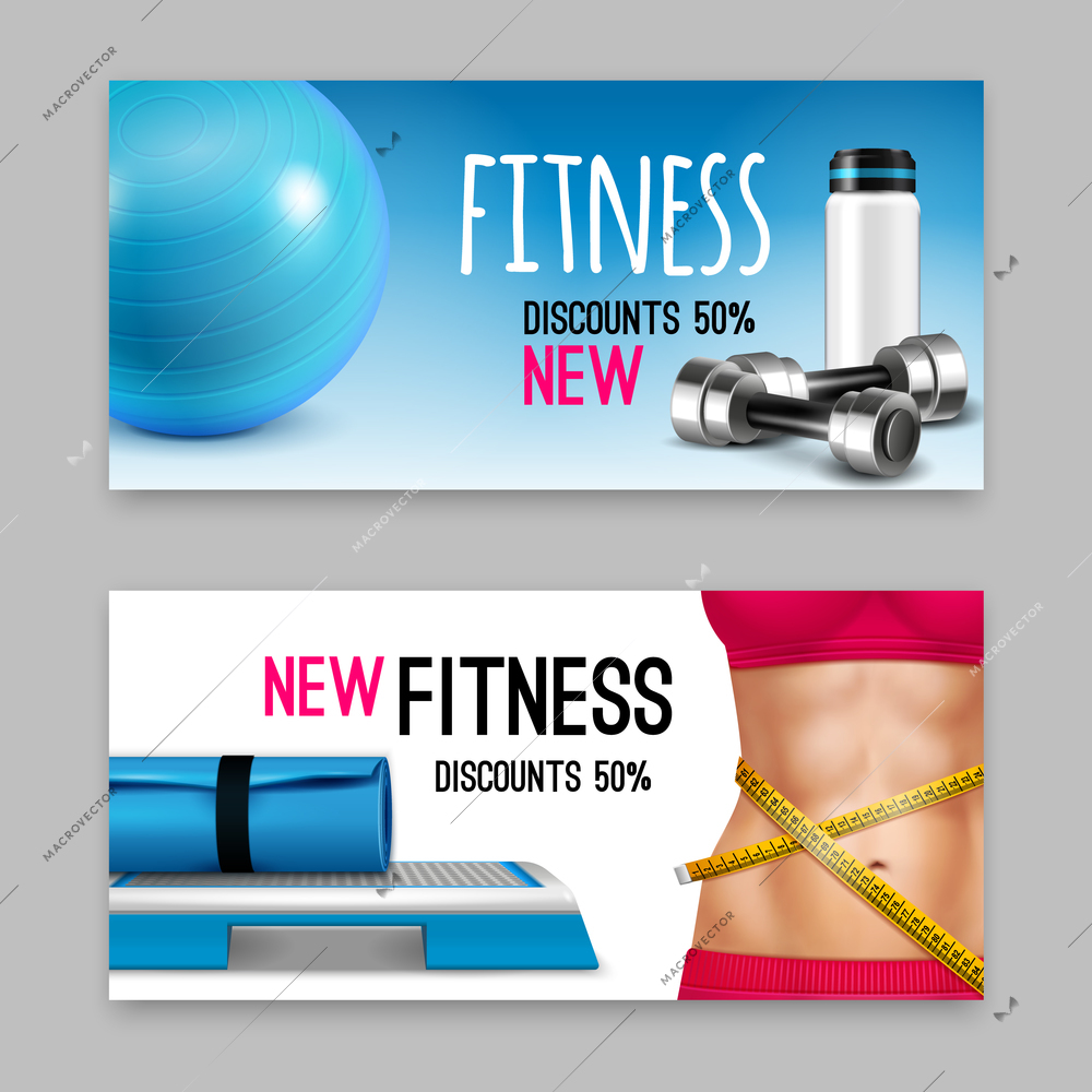 Fitness club accessories discount advertisement 2 realistic horizontal banners set with dumbbells mat ball isolated vector illustration