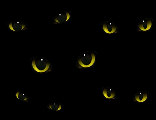 Monster animals cats eyes glowing in darkness realistic decorative expressive composition black background vector illustration