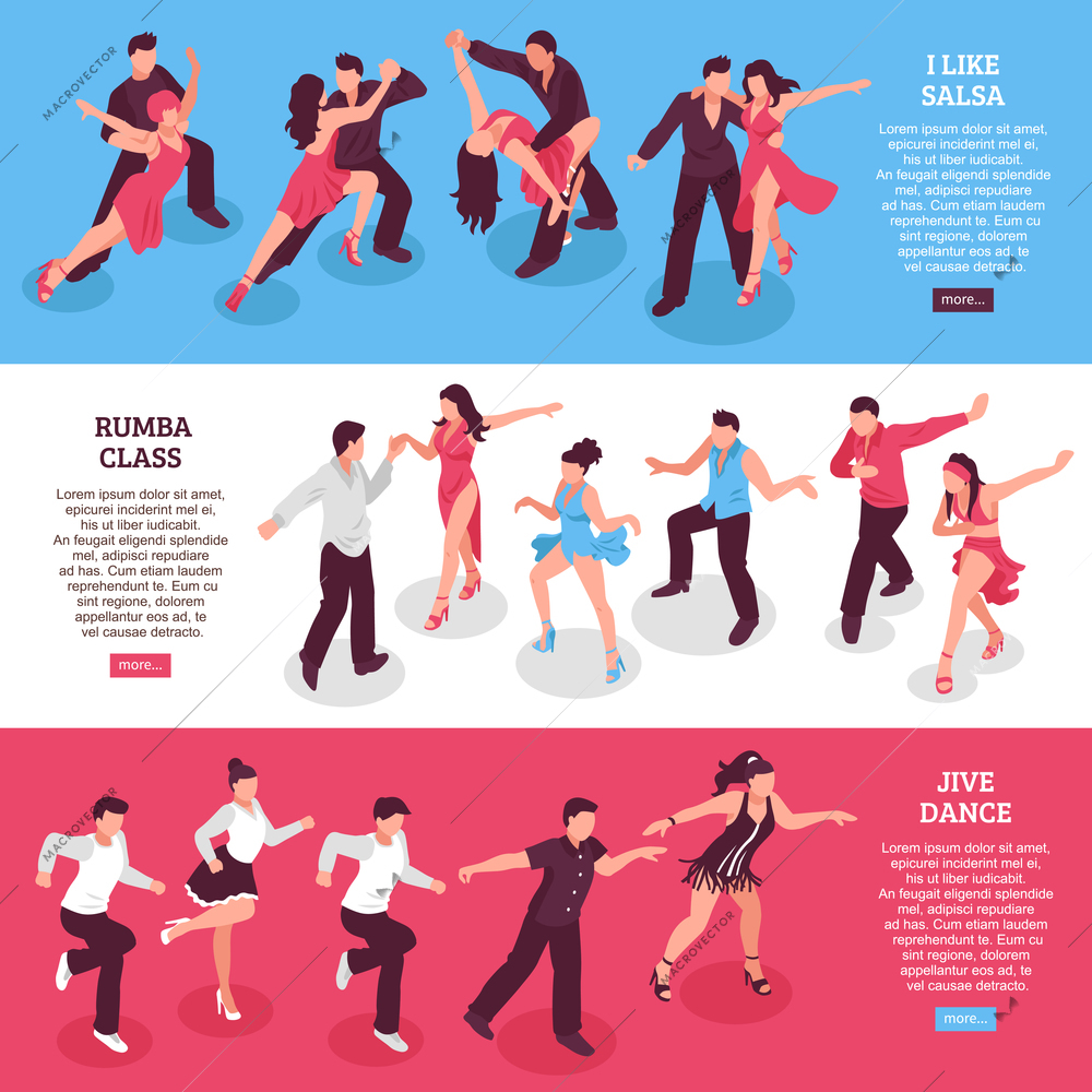 Dance set of horizontal isometric banners with rumba class, people during salsa, jive isolated vector illustration